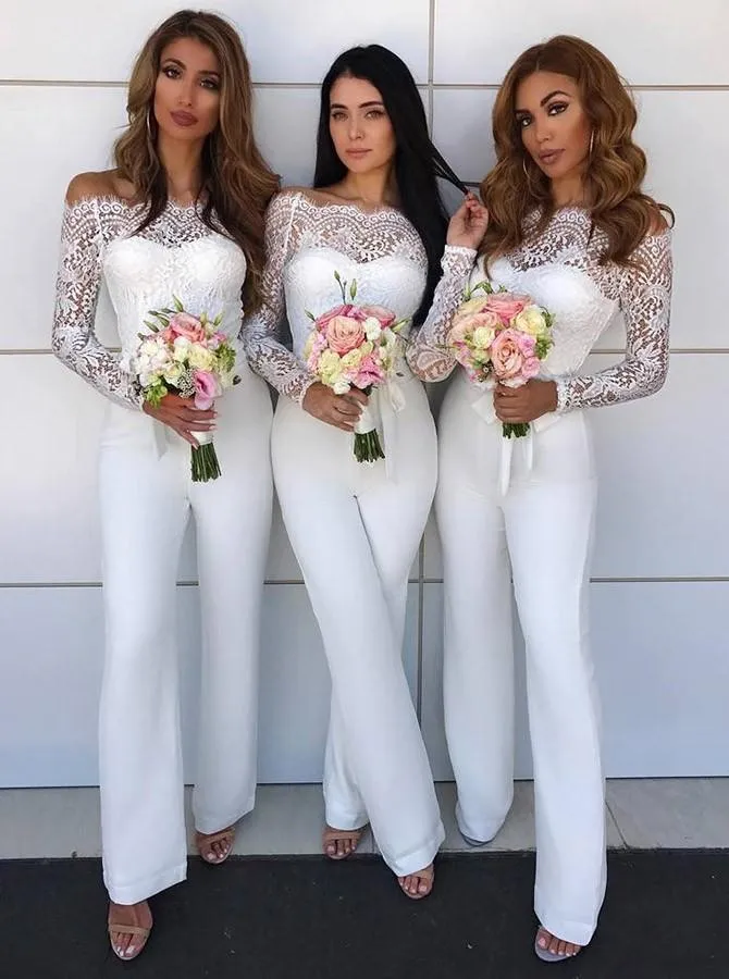 lace jumpsuit for weddings white off the shoulder long sleeve cheap pants for women wedding party dresses