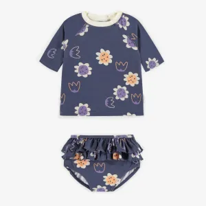 Maillot de bain deux pièces bleu à motifs de fleurs, bébé || Blue two pieces swimsuit with flower pattern, baby