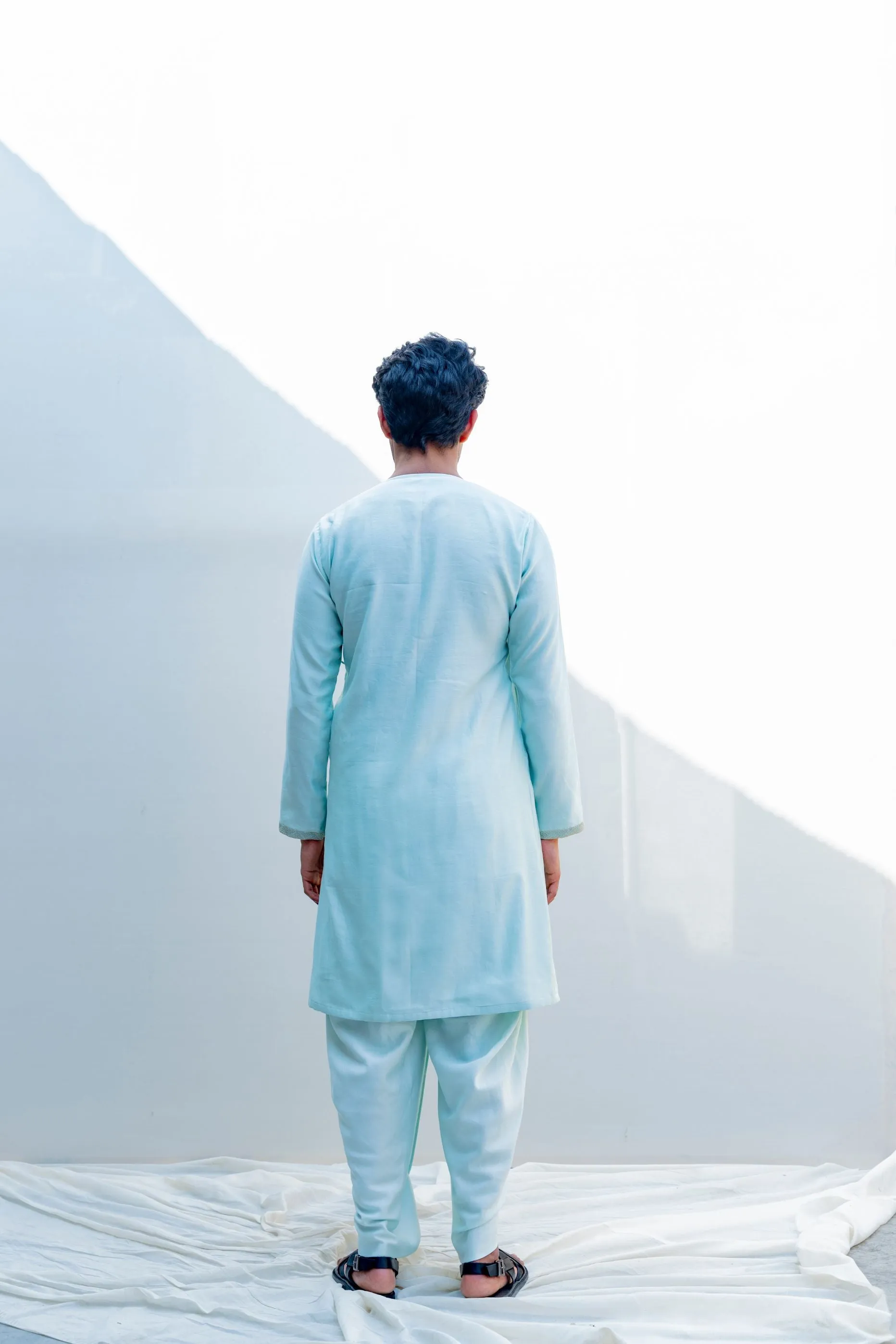 Mirjai- Light Blue Angrakha Kurta With Tulip Pants Set