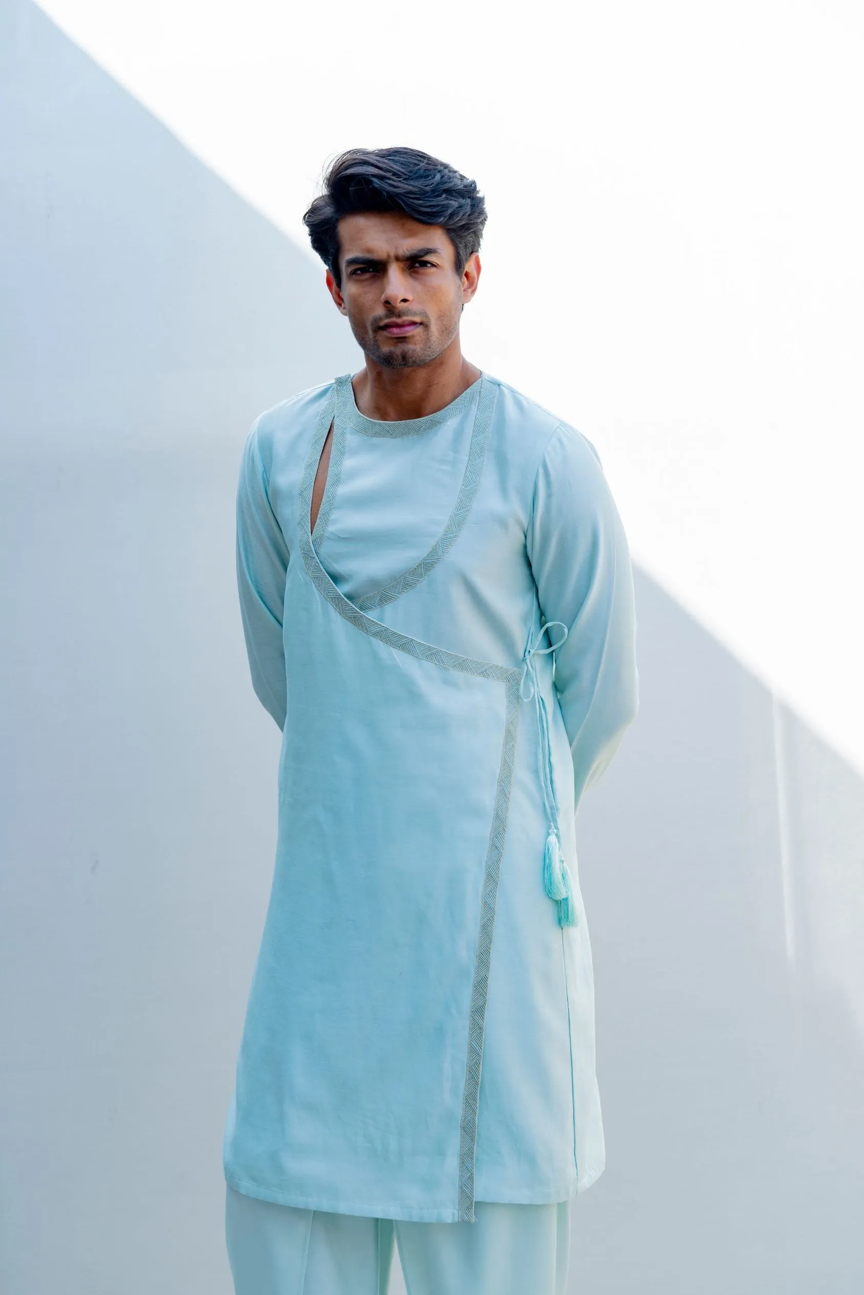 Mirjai- Light Blue Angrakha Kurta With Tulip Pants Set
