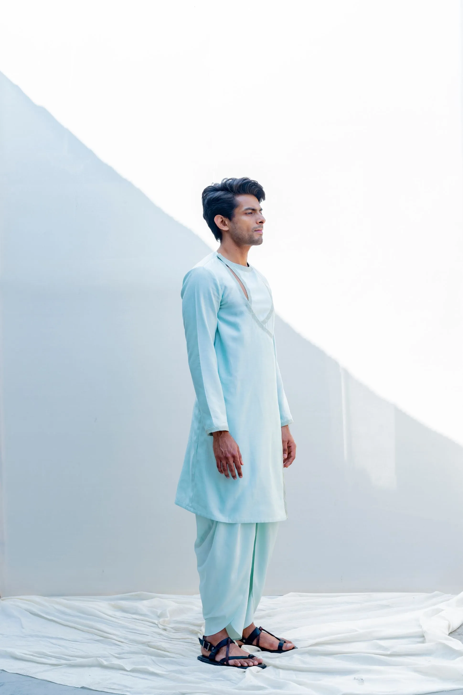 Mirjai- Light Blue Angrakha Kurta With Tulip Pants Set