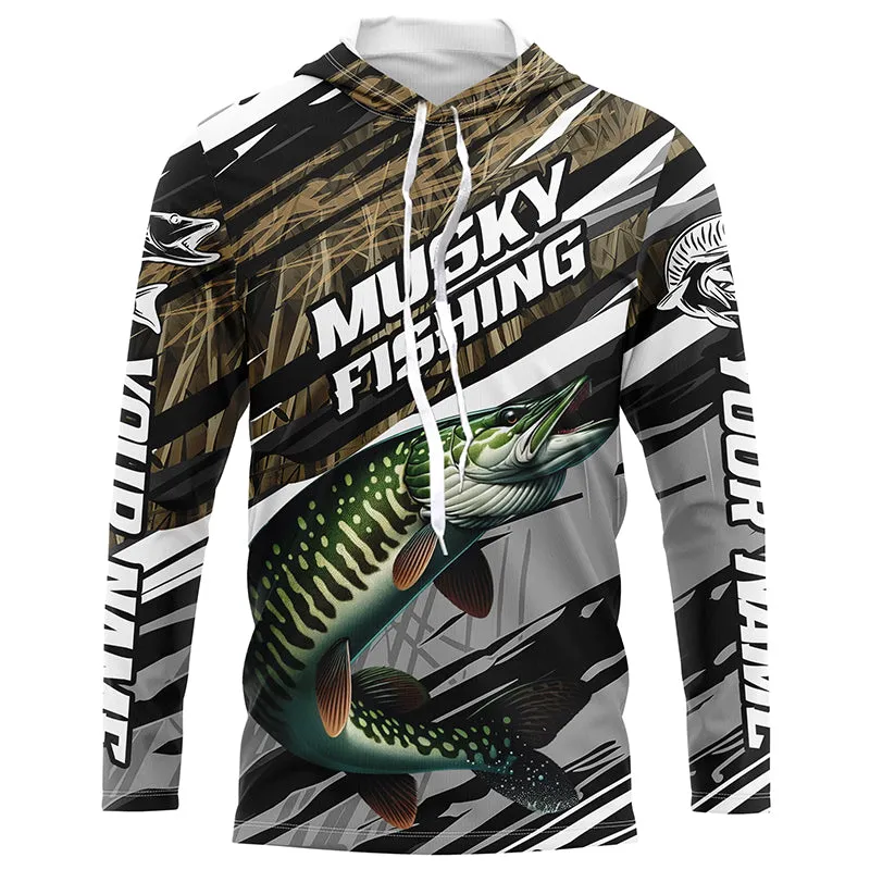 Musky Fishing Grass Camo Custom Long Sleeve Shirts, Muskie Uv Protection Tournament Fishing Jerseys IPHW6080