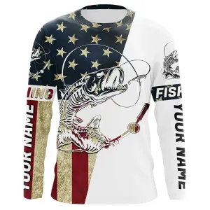 Personalized American Flag Fish Skull Fishing Shirts, Patriotic Long Sleeve Fishing Shirts IPHW7036