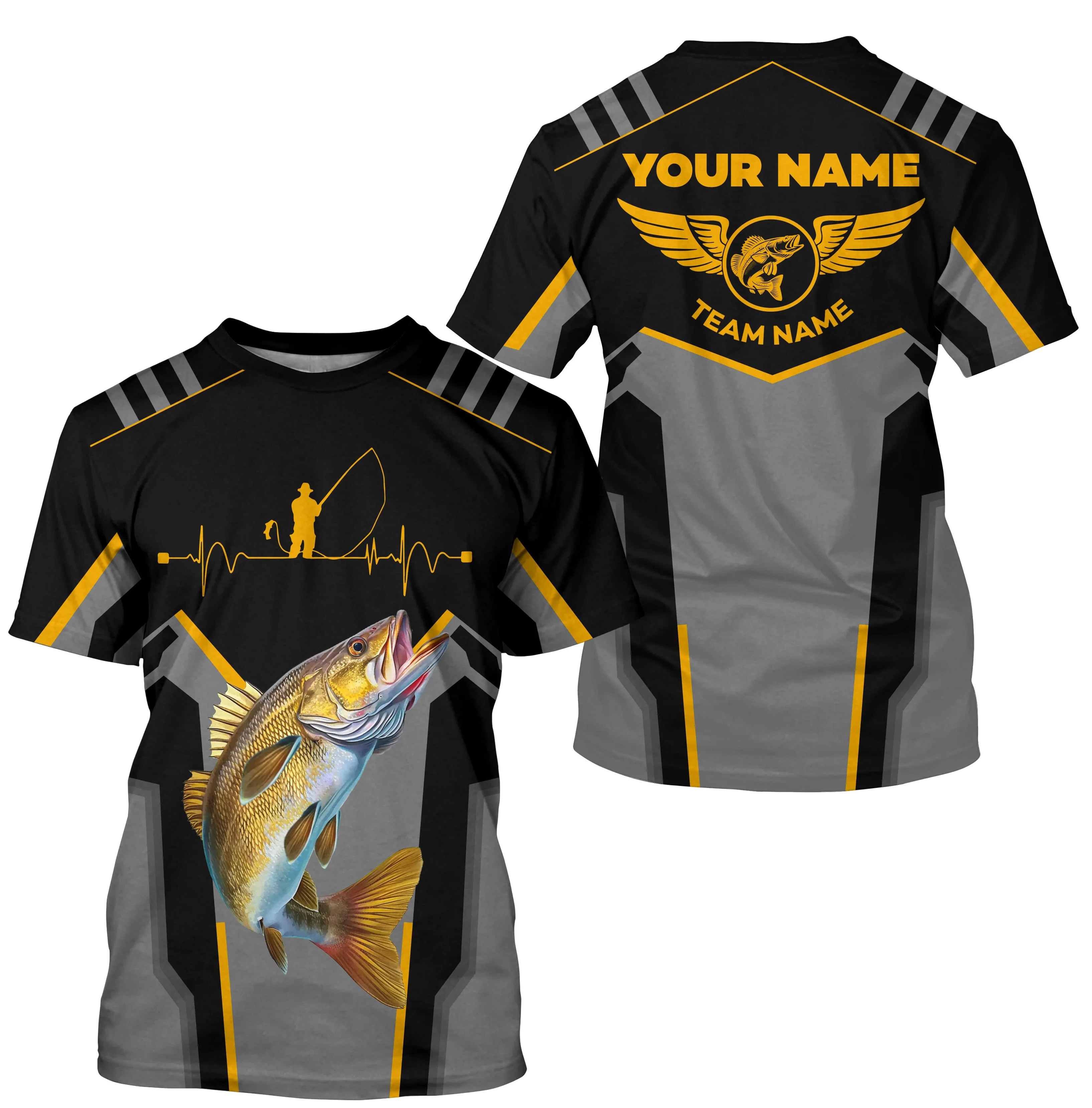 Personalized Black Walleye Fishing jerseys, Team Walleye Fishing tournament T-shirts| Yellow NQS6223