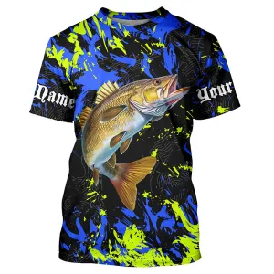 Personalized Walleye fishing green blue camo Fishing T-Shirts NQS7107