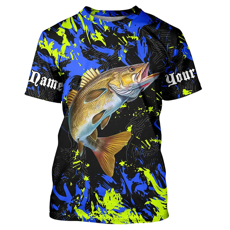 Personalized Walleye fishing green blue camo Fishing T-Shirts NQS7107