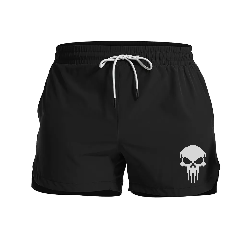 Pixel Grid Skull Graphic Shorts