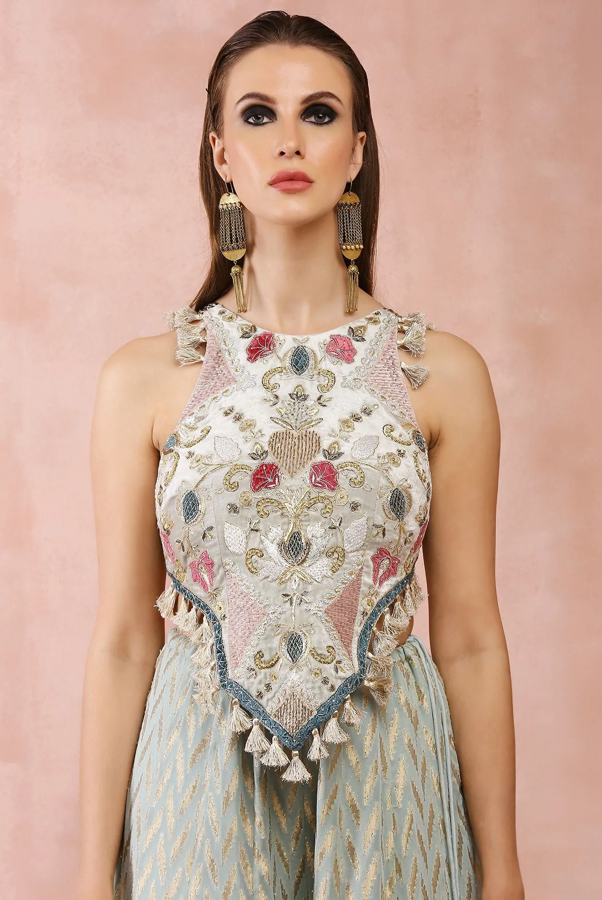 POWDER BLUE APPLIQUE EMBROIDERED CHOLI WITH SHARARA