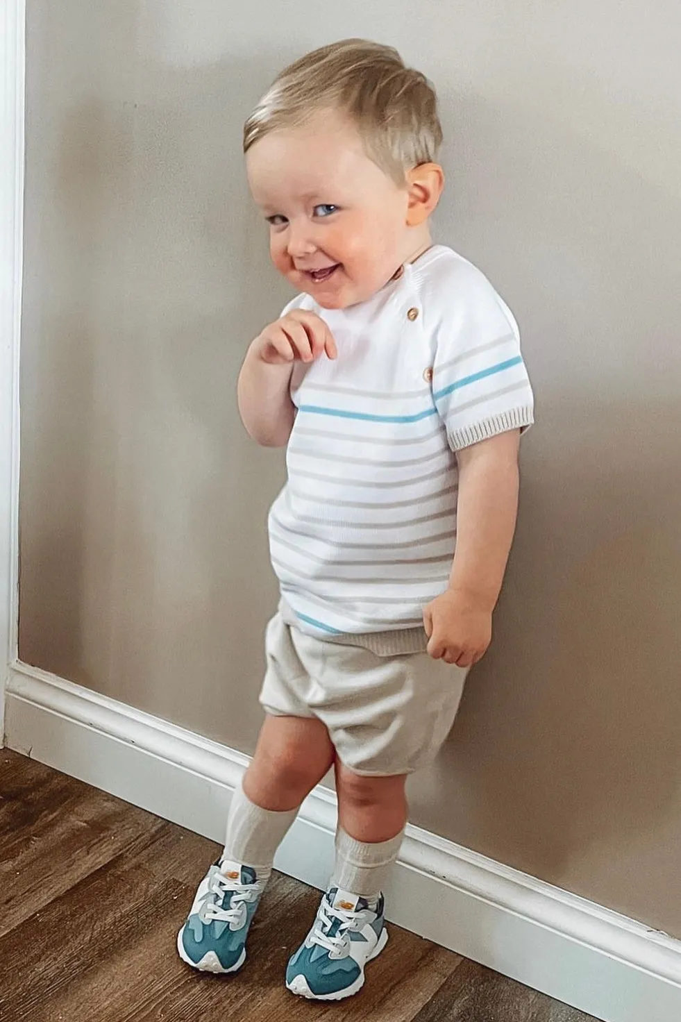 "Casper" Stone & Blue Striped Knit Top & Shorts