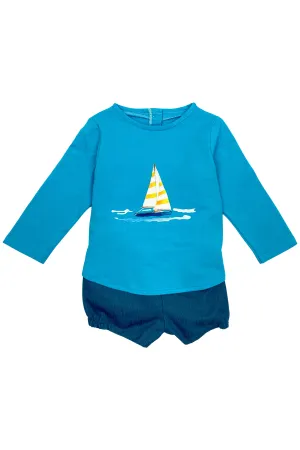 "Miles" Dusky Blue Sailboat Top & Shorts