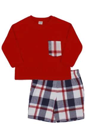"Nathan" Red Top & Navy Tartan Shorts