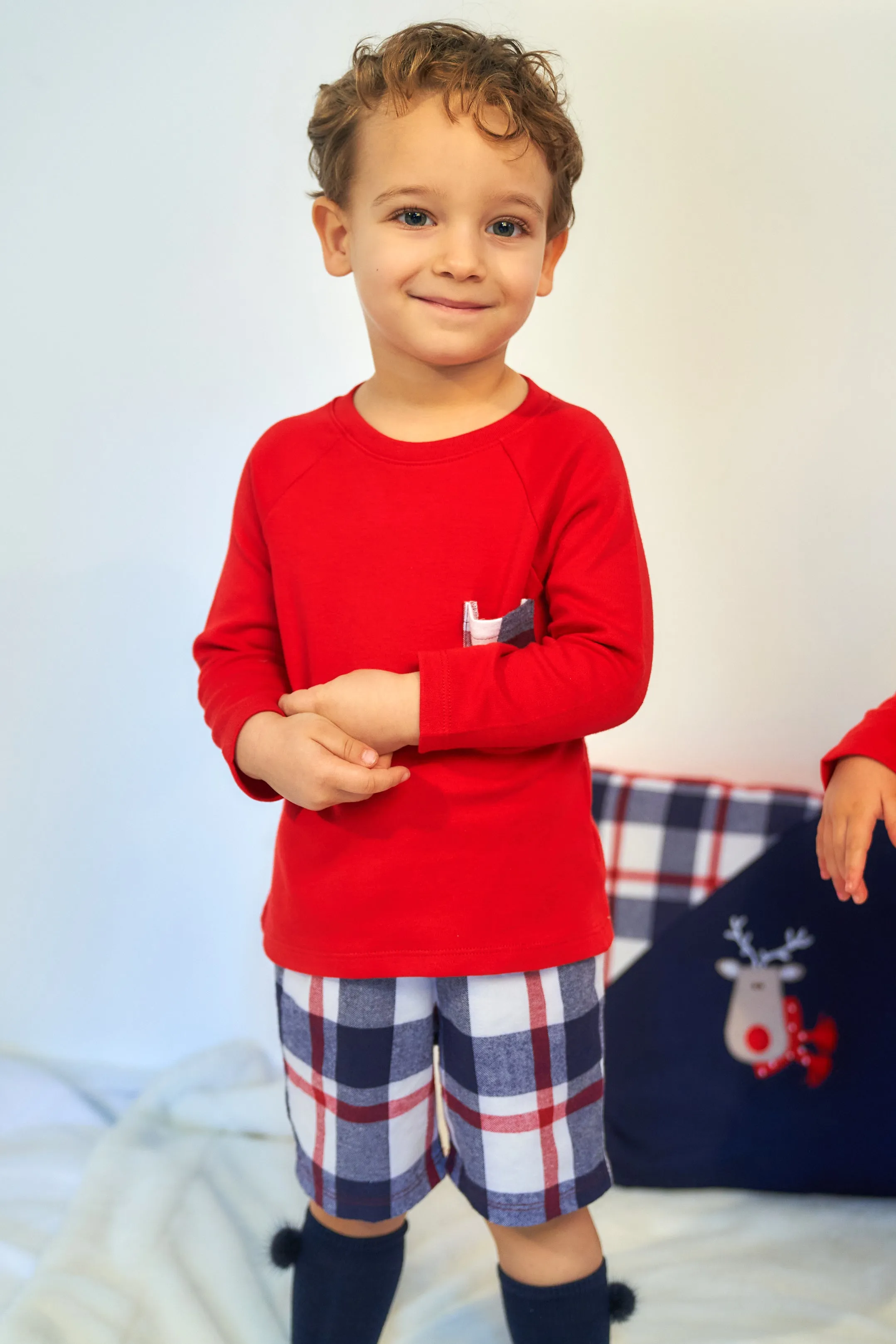 "Nathan" Red Top & Navy Tartan Shorts
