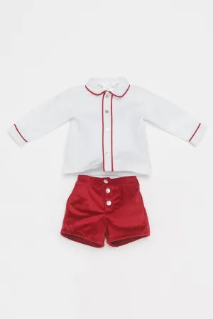 "Roberto" White Shirt & Red Velvet Shorts