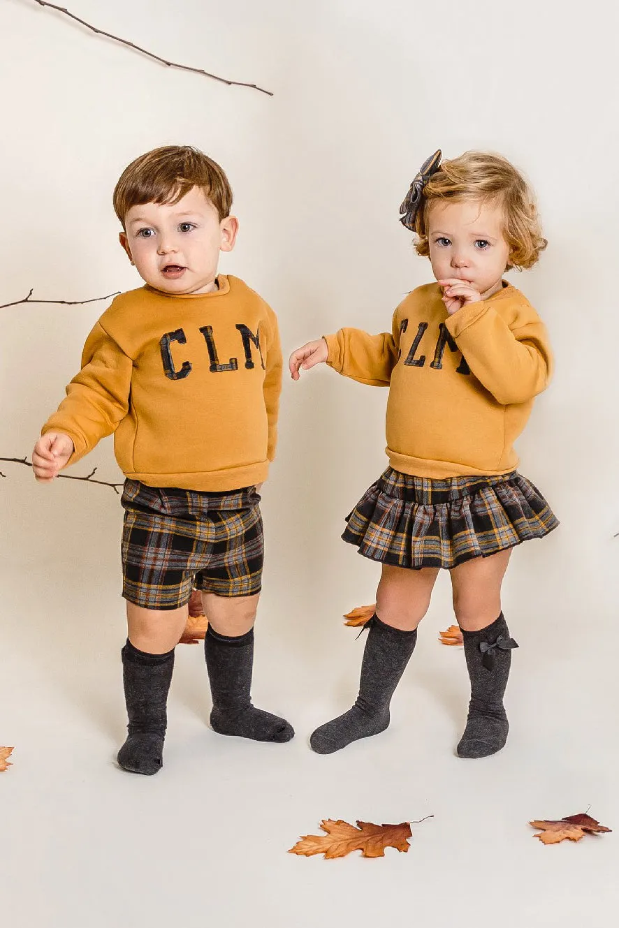 "Sonny" Mustard Varsity Sweatshirt & Tartan Shorts