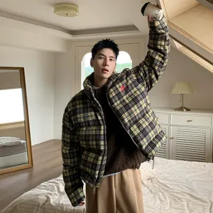 Retro Plaid Stand Collar Insulated Jacket