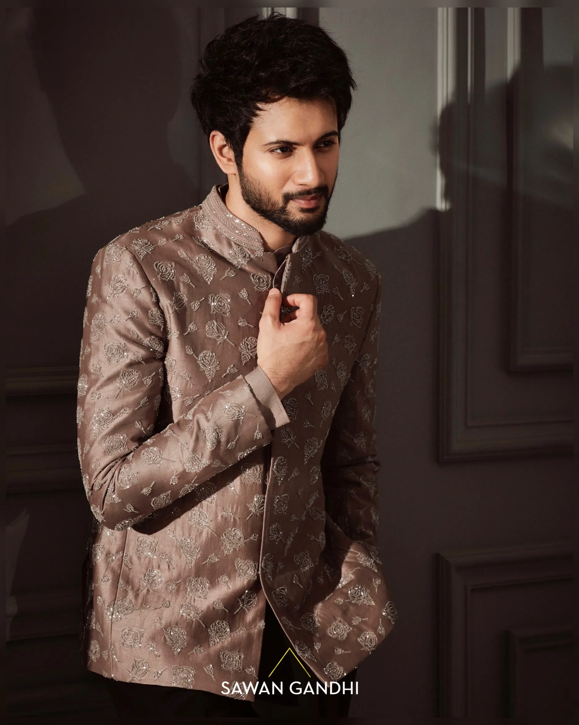Rohit saraf in Taupe Rose cutdana bandgala