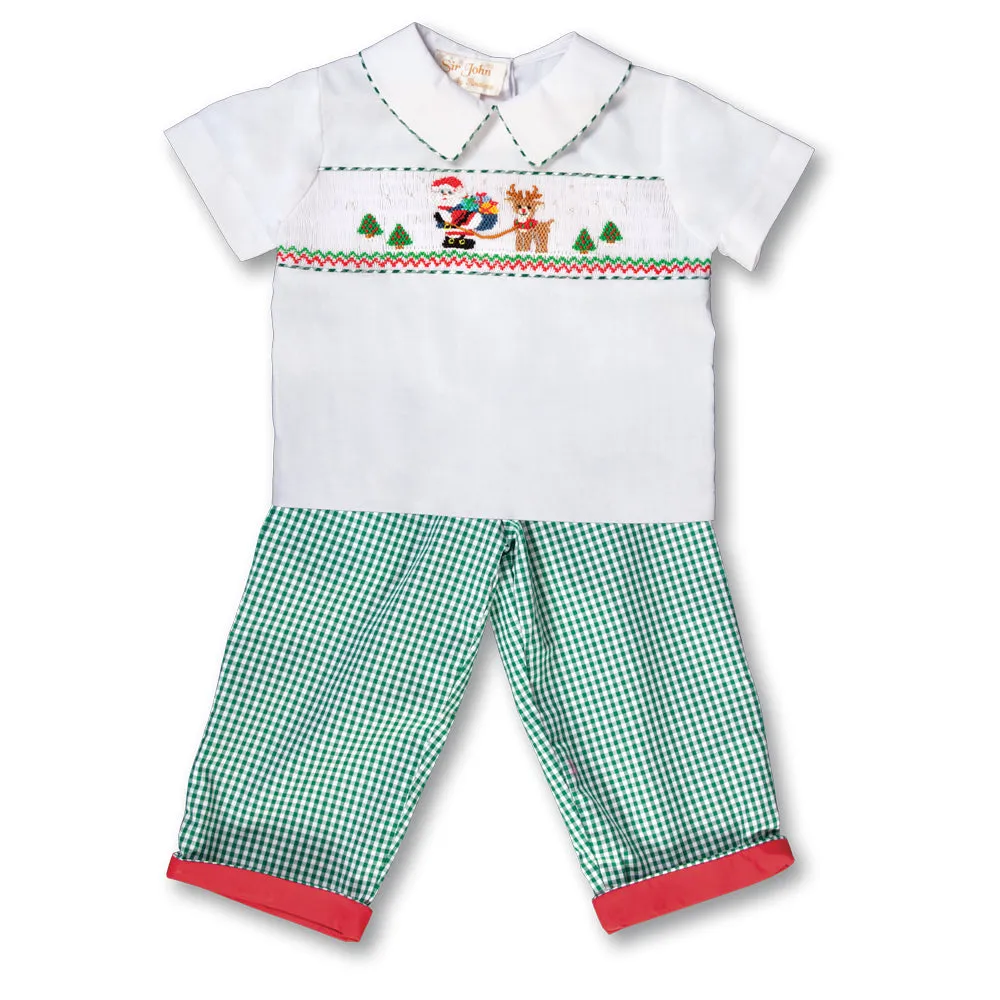 Santa & Rudolph White Green Gingham Smocked Shirt/Pants