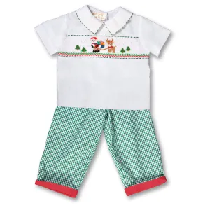 Santa & Rudolph White Green Gingham Smocked Shirt/Pants