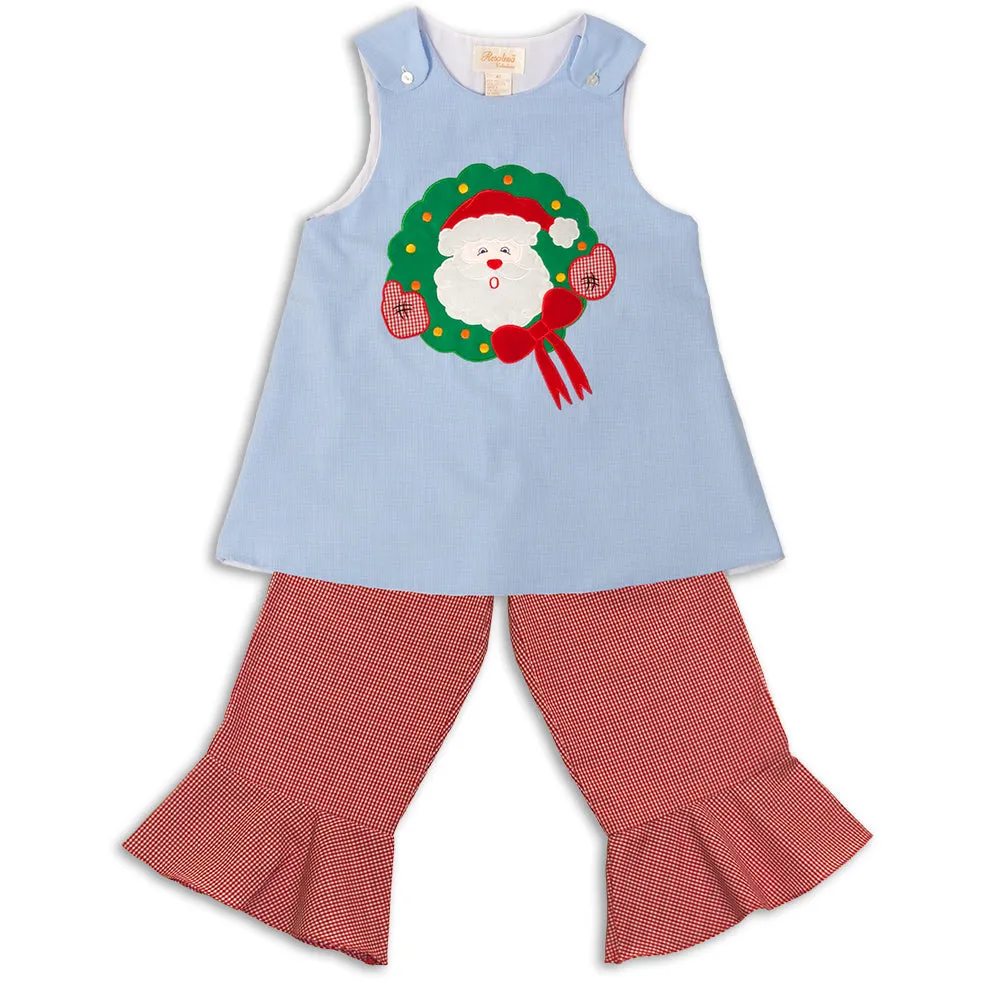 Santa Wreath Tiny Blue Gingham Aline & Reg Red Gingham Pants Set