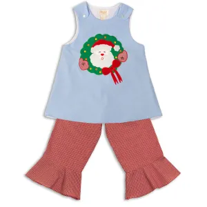 Santa Wreath Tiny Blue Gingham Aline & Reg Red Gingham Pants Set