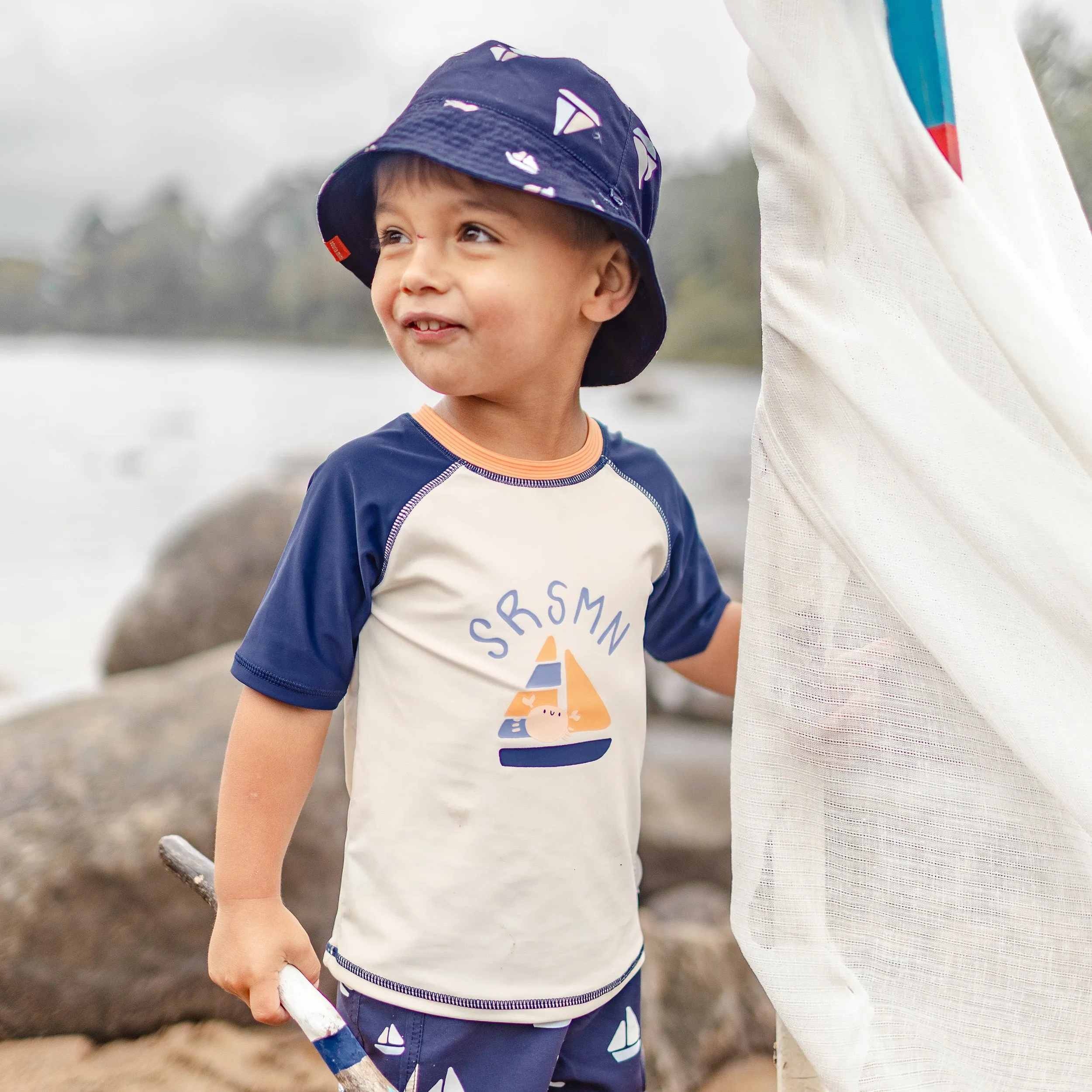 T-shirt de bain à manches courtes crème et orange, bébé || Cream and orange short sleeves swimming t-shirt, baby
