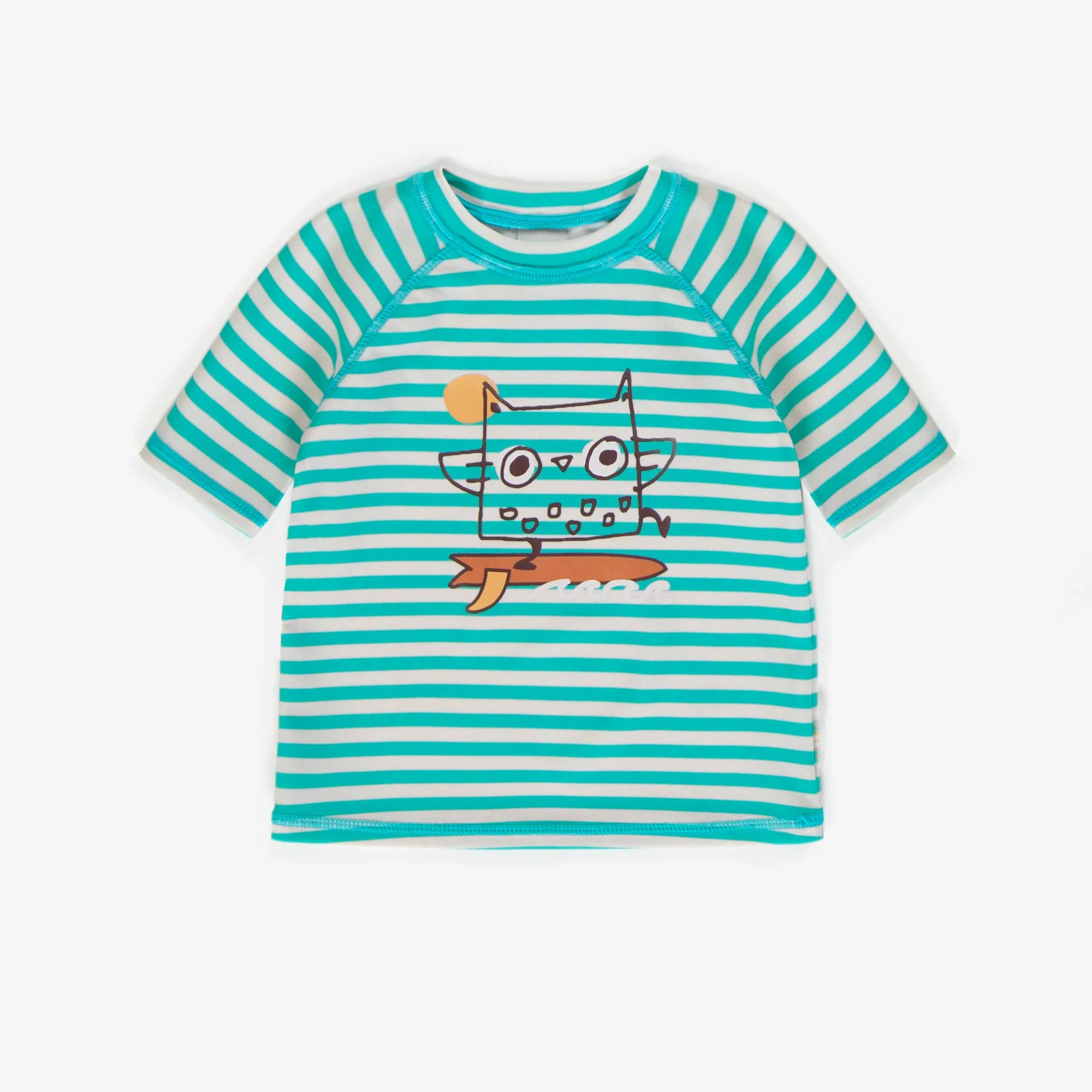 T-shirt de bain turquoise ligné à manches aux coudes, bébé || Turquoise bathing suit with elbow sleeves, baby