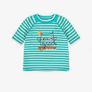 T-shirt de bain turquoise ligné à manches aux coudes, bébé || Turquoise bathing suit with elbow sleeves, baby