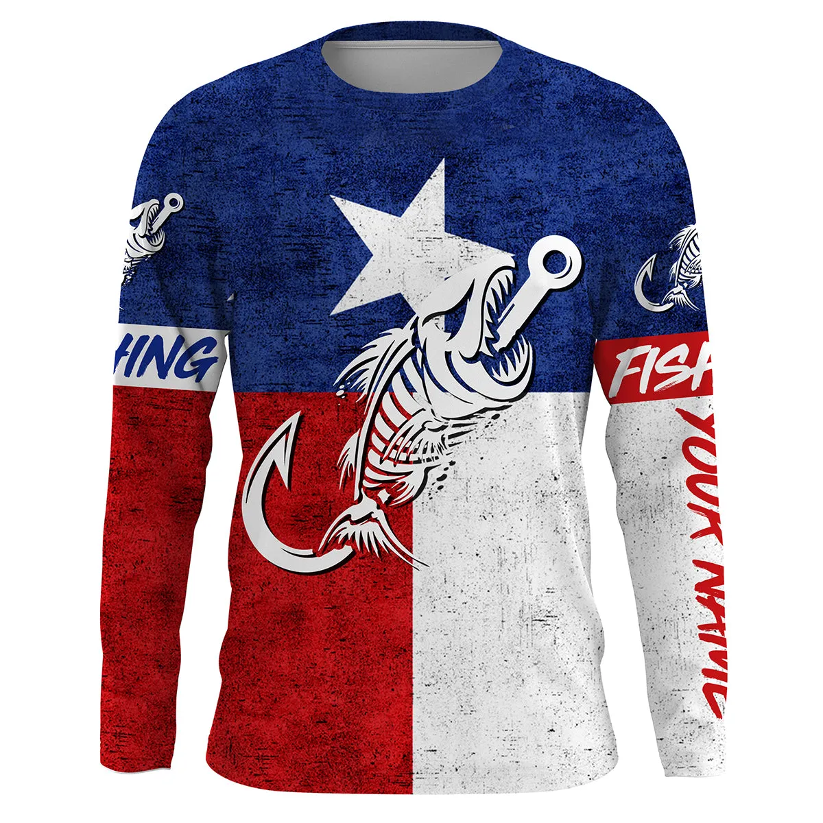 Texas fishing Fish hook skull reaper vintage flag Custom Name Long sleeve, Long Sleeve Hooded NPQ762