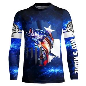Texas Flag TX Bass Fishing US blue galaxy Customize Name long sleeves fishing shirt for kid NPQ76
