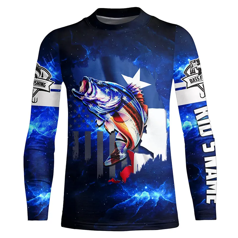 Texas Flag TX Bass Fishing US blue galaxy Customize Name long sleeves fishing shirt for kid NPQ76