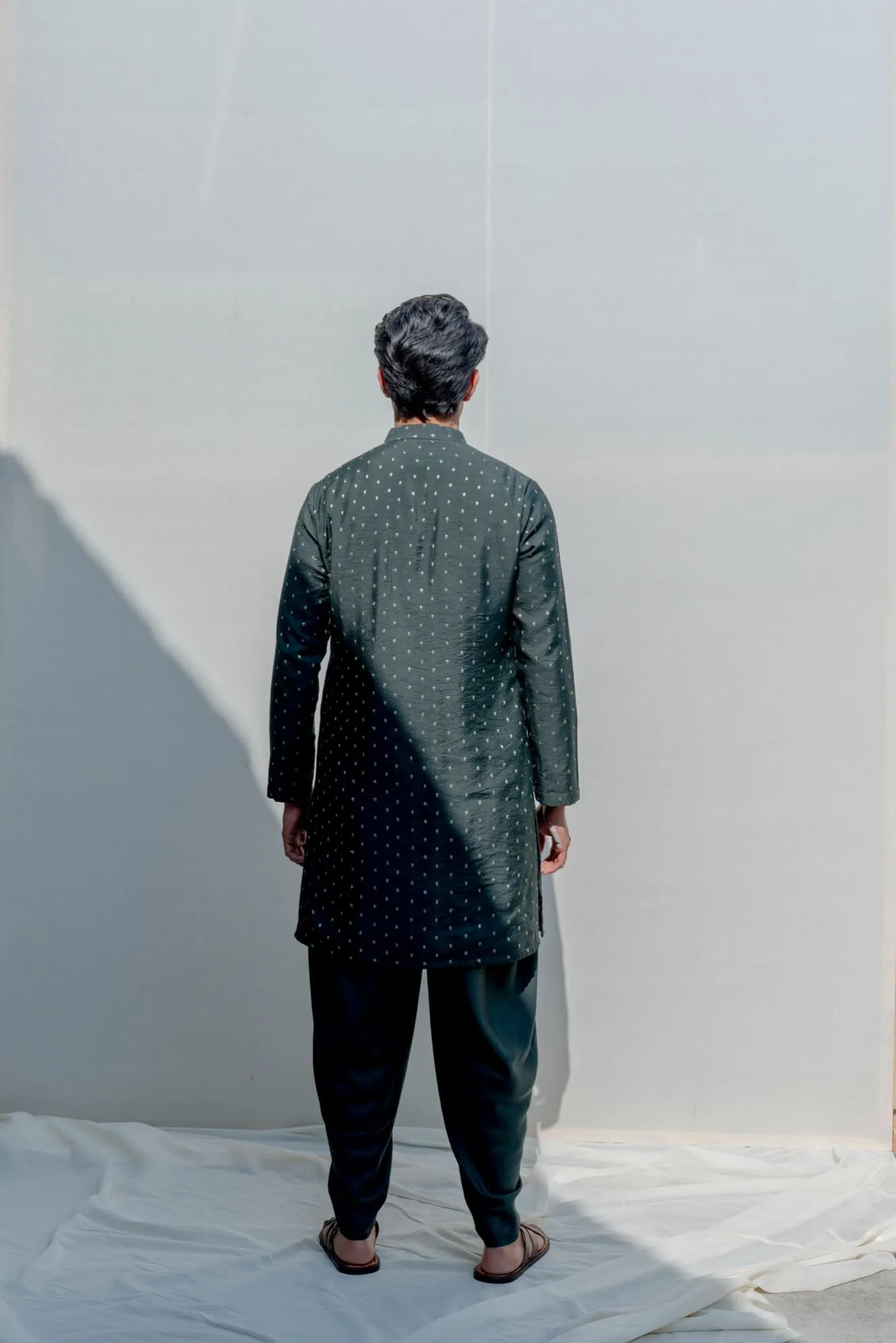 Vagabong- Bottle Green Dotted Asymmetric Kurta & Tulip Pants Set
