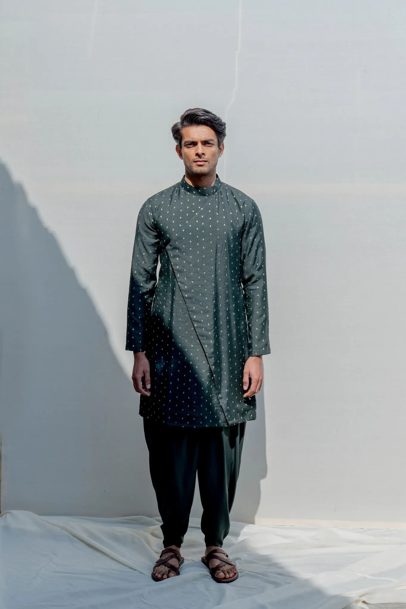 Vagabong- Bottle Green Dotted Asymmetric Kurta & Tulip Pants Set