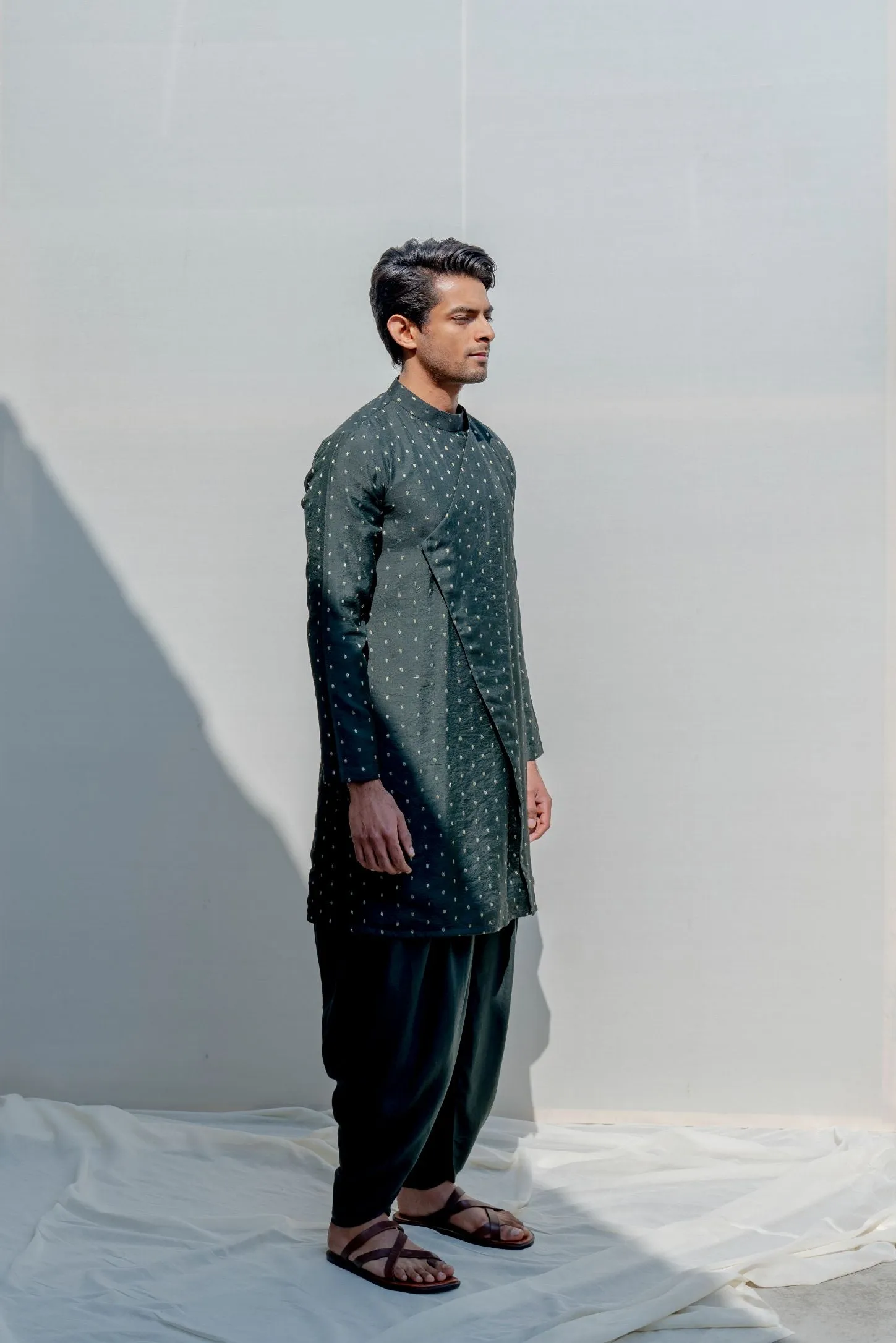 Vagabong- Bottle Green Dotted Asymmetric Kurta & Tulip Pants Set
