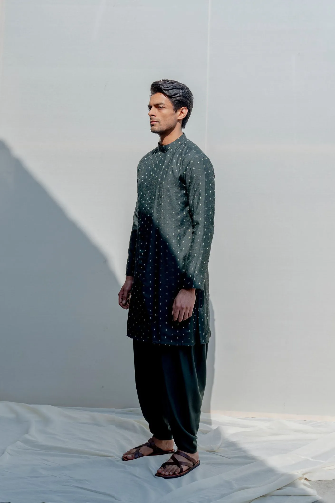 Vagabong- Bottle Green Dotted Asymmetric Kurta & Tulip Pants Set