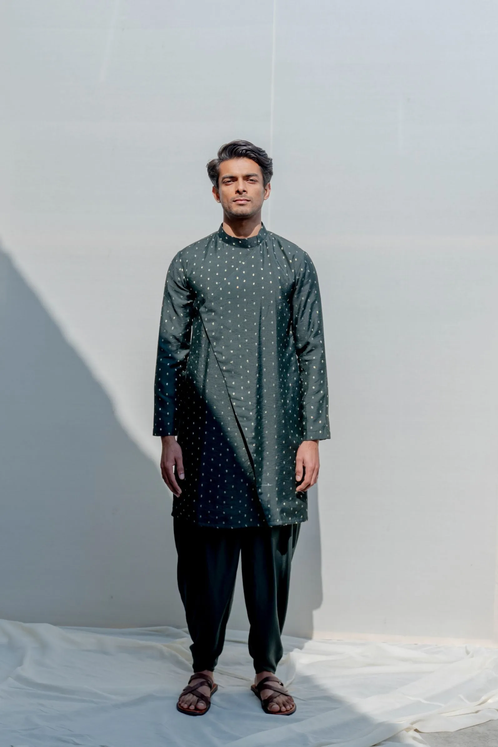 Vagabong- Bottle Green Dotted Asymmetric Kurta & Tulip Pants Set