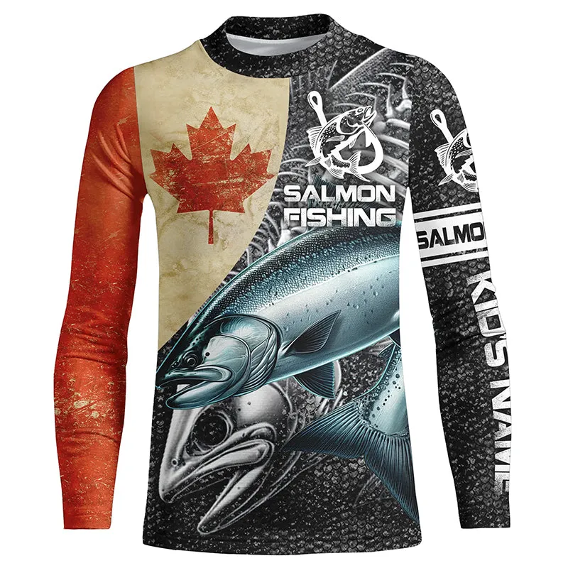 Vintage Canadian Flag Salmon Fishing Custom Kid long sleeve performance Fishing Shirts, Salmon jerseys NQS5334